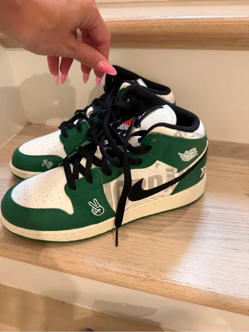 Jordan Kids Green & White Mid-Top Sneakers with Black Laces